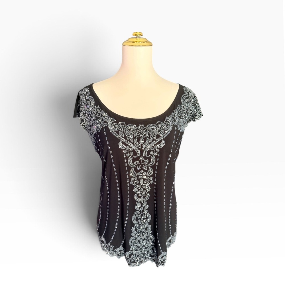 Vintage Y2K Dressbarn Collection Size 18 Black Silver Beaded Party Top USA